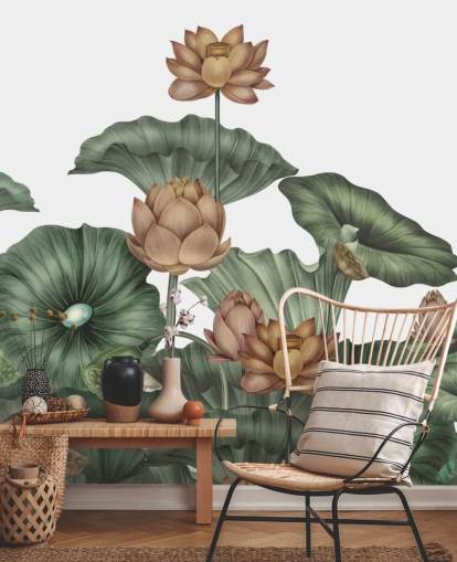 valkoinen ja vihreä muokattava lootuksen seinämaalaus nimeltä White Lotus, kirjoittanut Karina Eibatova valkoinen ja vihreä muokattava lootuksen seinämaalaus nimeltä White Lotus, kirjoittanut Karina Eibatova