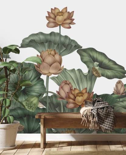 white and green customizable lotus wall mural called White Lotus by Karina Eibatova