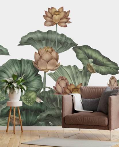 mural de parede de lótus personalizável branco e verde chamado White Lotus de Karina Eibatova