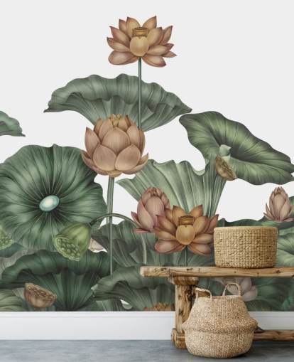 valkoinen ja vihreä muokattava lootuksen seinämaalaus nimeltä White Lotus, kirjoittanut Karina Eibatova