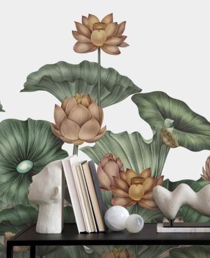 fresque murale de lotus personnalisable blanche et verte appelée White Lotus par Karina Eibatova fresque murale de lotus personnalisable blanche et verte appelée White Lotus par Karina Eibatova