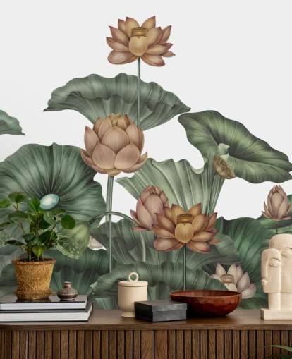 hvid og grøn tilpassbar lotus vægmaleri kaldet White Lotus af Karina Eibatova hvid og grøn tilpassbar lotus vægmaleri kaldet White Lotus af Karina Eibatova