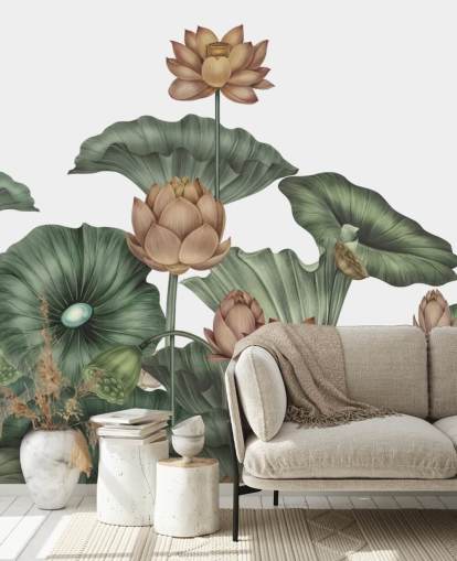 hvit og grønn tilpassbar lotus veggmaleri kalt White Lotus av Karina Eibatova hvit og grønn tilpassbar lotus veggmaleri kalt White Lotus av Karina Eibatova