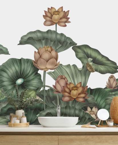 mural de pared de loto personalizable blanco y verde llamado White Lotus de Karina Eibatova