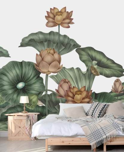 white and green customizable lotus wall mural called White Lotus by Karina Eibatova