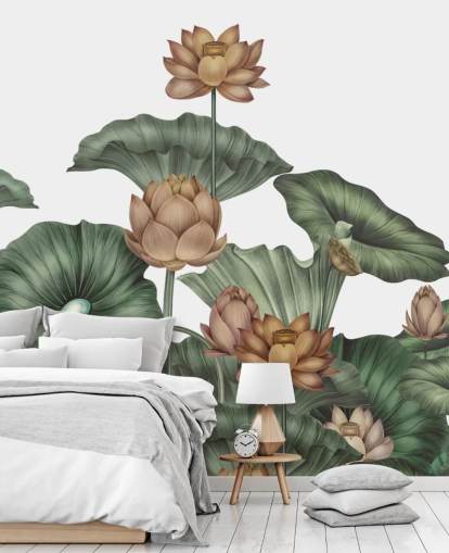 mural de parede de lótus personalizável branco e verde chamado White Lotus de Karina Eibatova