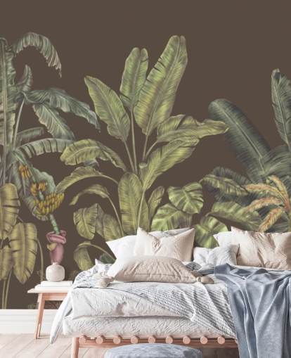 mural de parede de selva personalizado em verde e marrom chamado Jungle Canopy Brown de Karina Eibatova