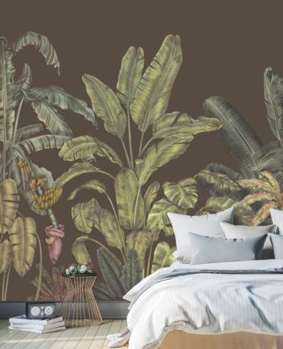 mural de parede de selva personalizado em verde e marrom chamado Jungle Canopy Brown de Karina Eibatova