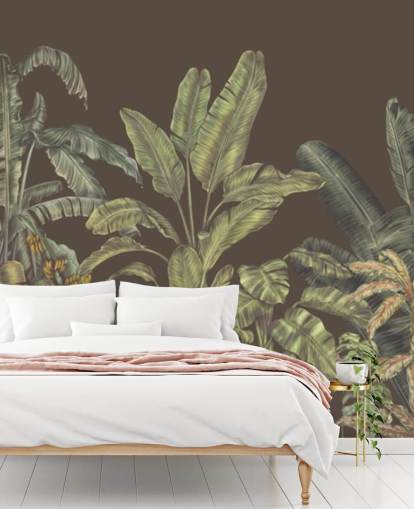 mural de parede de selva personalizado em verde e marrom chamado Jungle Canopy Brown de Karina Eibatova