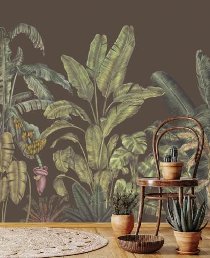 grünes und braunes individuelles Dschungel-Wandbild namens Jungle Canopy Brown von Karina Eibatova