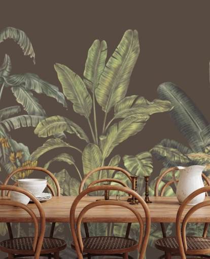 mural de parede de selva personalizado em verde e marrom chamado Jungle Canopy Brown de Karina Eibatova