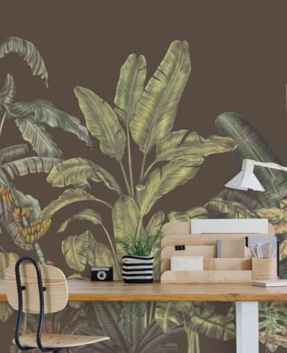 mural de parede de selva personalizado em verde e marrom chamado Jungle Canopy Brown de Karina Eibatova