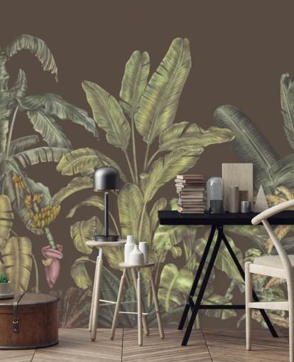 grünes und braunes individuelles Dschungel-Wandbild namens Jungle Canopy Brown von Karina Eibatova