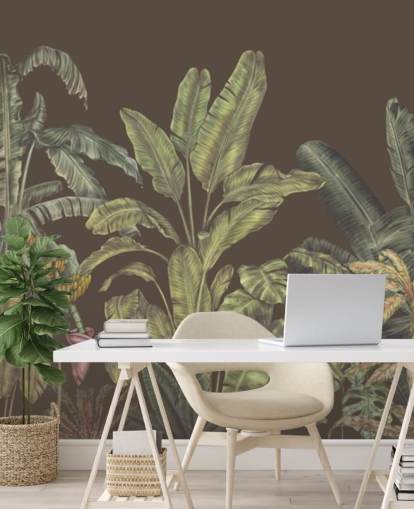 mural de parede de selva personalizado em verde e marrom chamado Jungle Canopy Brown de Karina Eibatova
