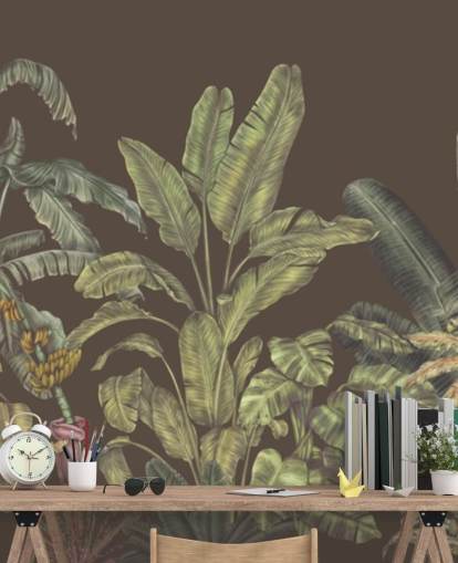 grønt og brunt tilpasset jungel veggmaleri kalt Jungle Canopy Brown av Karina Eibatova grønt og brunt tilpasset jungel veggmaleri kalt Jungle Canopy Brown av Karina Eibatova