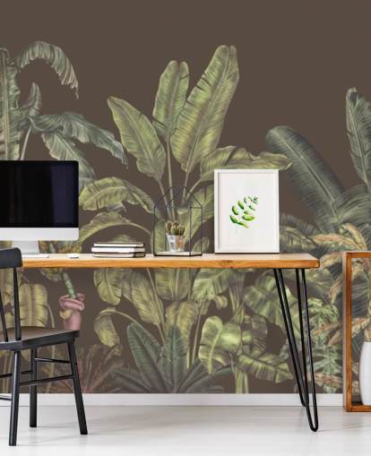 murale personalizzato con giungla verde e marrone chiamato Jungle Canopy Brown di Karina Eibatova