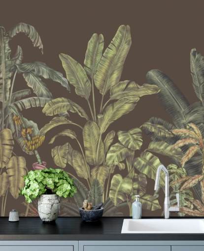 fresque murale personnalisée de la jungle verte et marron appelée Jungle Canopy Brown par Karina Eibatova