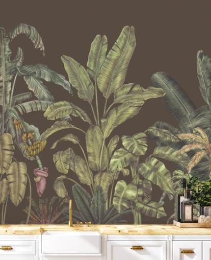 grøn og brun brugerdefineret jungle vægmaleri kaldet Jungle Canopy Brown af Karina Eibatova grøn og brun brugerdefineret jungle vægmaleri kaldet Jungle Canopy Brown af Karina Eibatova