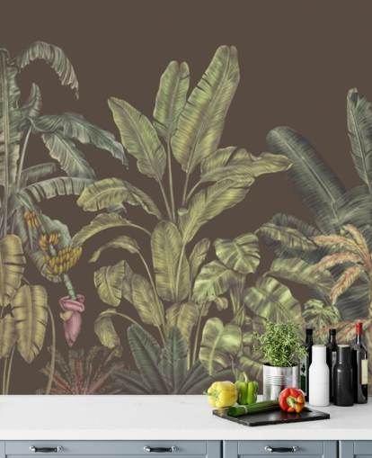 mural de pared de jungla personalizado verde y marrón llamado Jungle Canopy Brown de Karina Eibatova mural de pared de jungla personalizado verde y marrón llamado Jungle Canopy Brown de Karina Eibatova