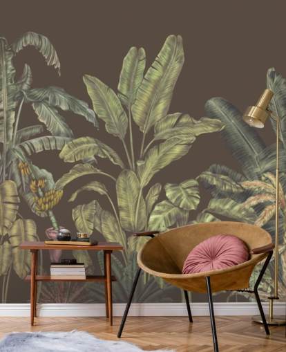 mural de parede de selva personalizado em verde e marrom chamado Jungle Canopy Brown de Karina Eibatova mural de parede de selva personalizado em verde e marrom chamado Jungle Canopy Brown de Karina Eibatova