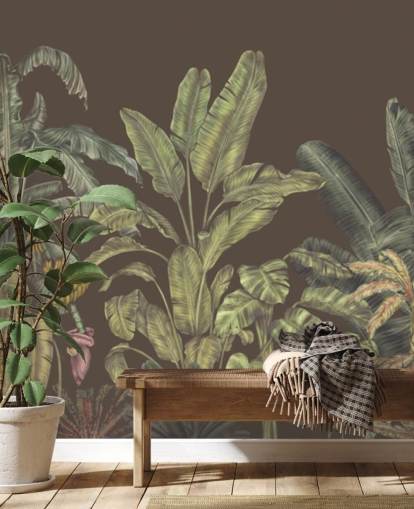 groene en bruine op maat gemaakte jungle muurschildering genaamd Jungle Canopy Brown van Karina Eibatova groene en bruine op maat gemaakte jungle muurschildering genaamd Jungle Canopy Brown van Karina Eibatova