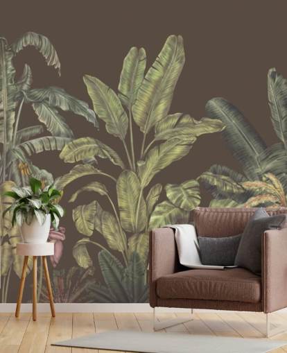 grünes und braunes individuelles Dschungel-Wandbild namens Jungle Canopy Brown von Karina Eibatova