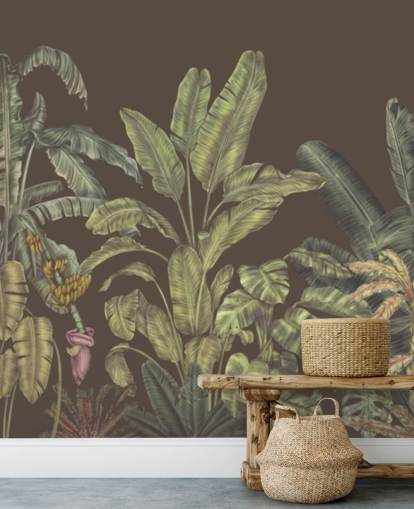 mural de parede de selva personalizado em verde e marrom chamado Jungle Canopy Brown de Karina Eibatova mural de parede de selva personalizado em verde e marrom chamado Jungle Canopy Brown de Karina Eibatova
