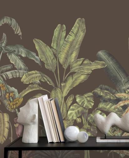 fresque murale personnalisée de la jungle verte et marron appelée Jungle Canopy Brown par Karina Eibatova