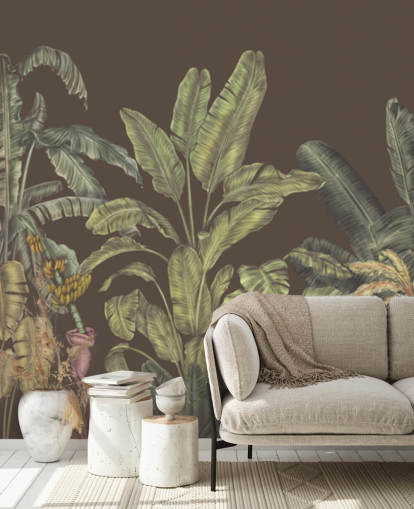 fresque murale personnalisée de la jungle verte et marron appelée Jungle Canopy Brown par Karina Eibatova