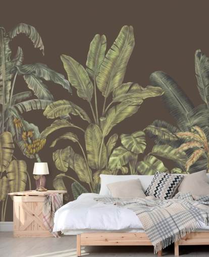 grünes und braunes individuelles Dschungel-Wandbild namens Jungle Canopy Brown von Karina Eibatova