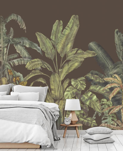 grønt og brunt tilpasset jungel veggmaleri kalt Jungle Canopy Brown av Karina Eibatova