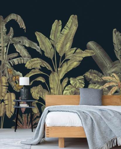 dunkelgrünes personalisierbares Wandbild mit Dschungelblättern namens Jungle Canopy Dark Green von Karina Eibatova