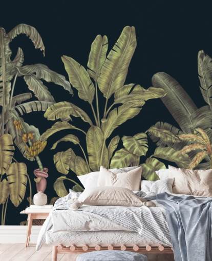 mural de parede de folhas de selva personalizáveis em verde escuro chamado Jungle Canopy Dark Green de Karina Eibatova