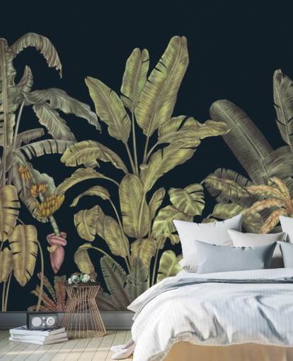 mørkegrønne tilpassbare jungelblader veggmaleri kalt Jungle Canopy Dark Green av Karina Eibatova mørkegrønne tilpassbare jungelblader veggmaleri kalt Jungle Canopy Dark Green av Karina Eibatova