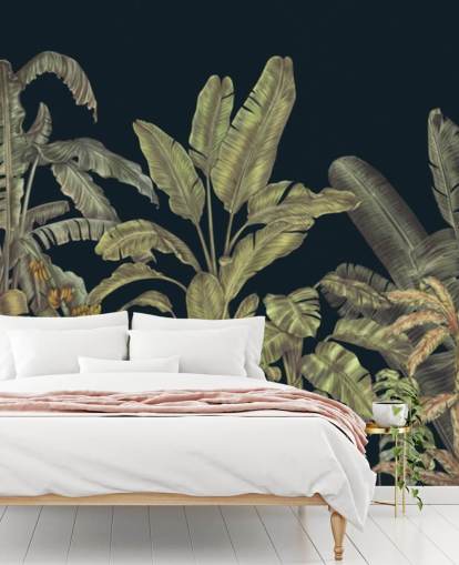 donkergroene aanpasbare muurschildering van junglebladeren genaamd Jungle Canopy Dark Green van Karina Eibatova