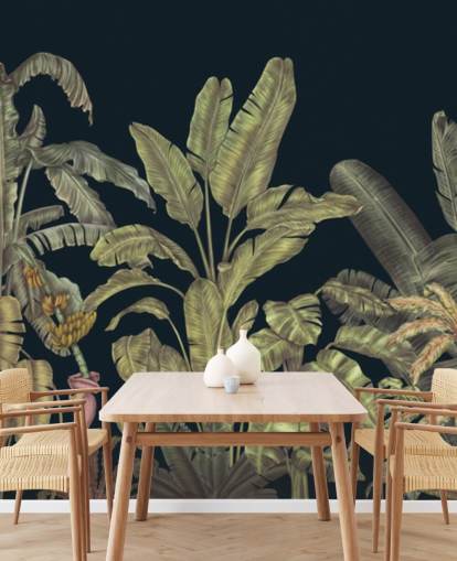 mørkegrønne tilpassbare jungelblader veggmaleri kalt Jungle Canopy Dark Green av Karina Eibatova