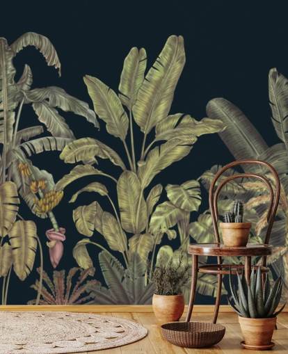 mörkgrön anpassningsbar djungelblad väggmålning som heter Jungle Canopy Dark Green av Karina Eibatova