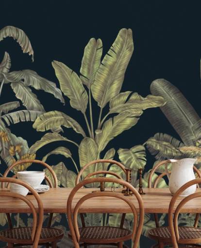 murale personalizzabile con foglie della giungla verde scuro chiamato Jungle Canopy Dark Green di Karina Eibatova