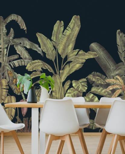 mörkgrön anpassningsbar djungelblad väggmålning som heter Jungle Canopy Dark Green av Karina Eibatova