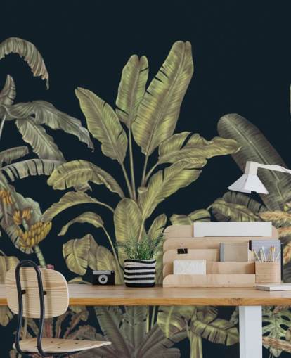 mørkegrønne tilpassbare jungelblader veggmaleri kalt Jungle Canopy Dark Green av Karina Eibatova