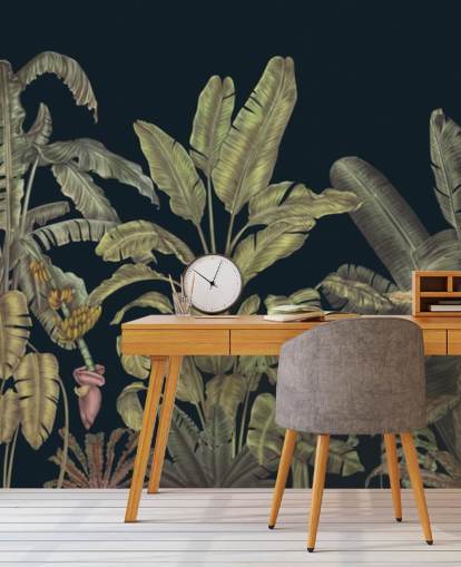 donkergroene aanpasbare muurschildering van junglebladeren genaamd Jungle Canopy Dark Green van Karina Eibatova