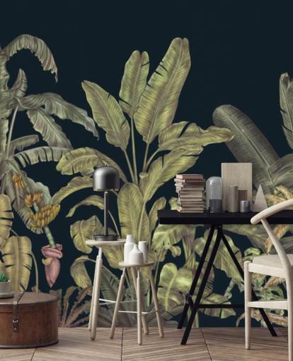 mørkegrønne tilpassbare jungelblader veggmaleri kalt Jungle Canopy Dark Green av Karina Eibatova mørkegrønne tilpassbare jungelblader veggmaleri kalt Jungle Canopy Dark Green av Karina Eibatova