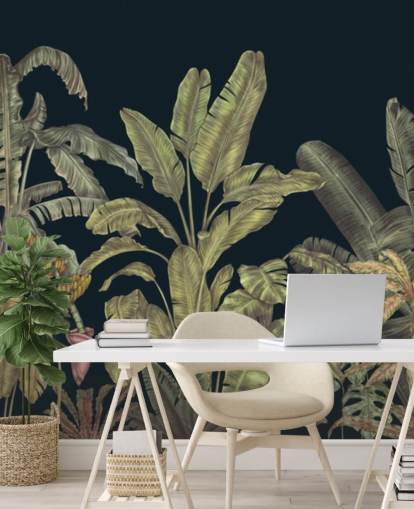 mørkegrønne tilpassbare jungelblader veggmaleri kalt Jungle Canopy Dark Green av Karina Eibatova mørkegrønne tilpassbare jungelblader veggmaleri kalt Jungle Canopy Dark Green av Karina Eibatova