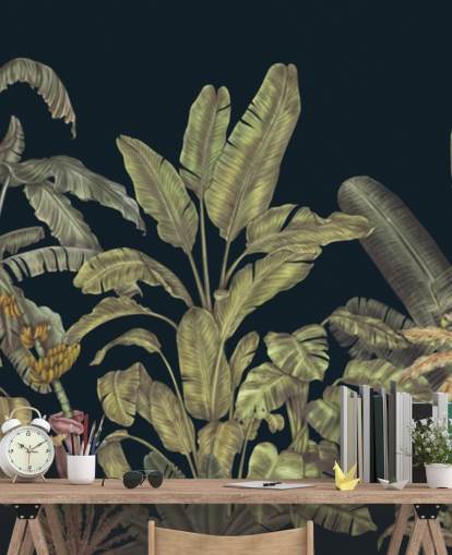 mural de pared de hojas de jungla personalizable de color verde oscuro llamado Jungle Canopy Dark Green de Karina Eibatova