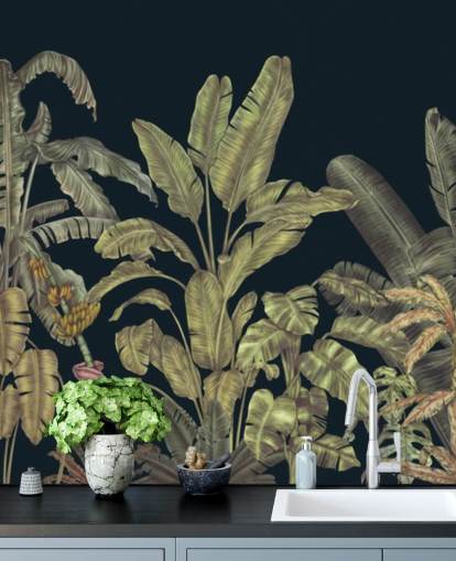 mørkegrøn tilpasselig jungleblade vægmaleri kaldet Jungle Canopy Dark Green af Karina Eibatova