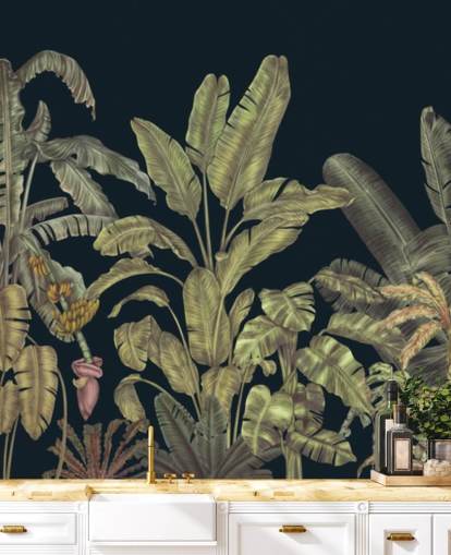 fresque murale de feuilles de jungle personnalisable vert foncé appelée Jungle Canopy Dark Green par Karina Eibatova