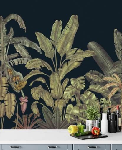 mörkgrön anpassningsbar djungelblad väggmålning som heter Jungle Canopy Dark Green av Karina Eibatova