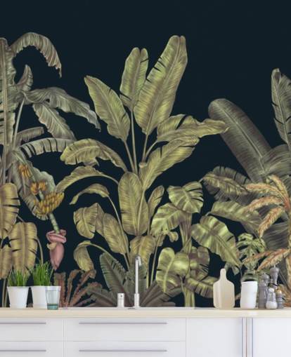 donkergroene aanpasbare muurschildering van junglebladeren genaamd Jungle Canopy Dark Green van Karina Eibatova