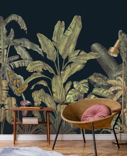 fresque murale de feuilles de jungle personnalisable vert foncé appelée Jungle Canopy Dark Green par Karina Eibatova