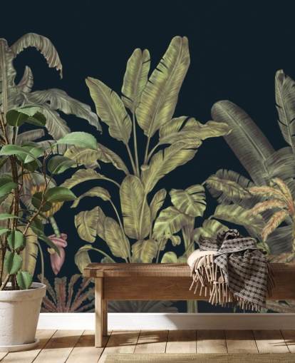 donkergroene aanpasbare muurschildering van junglebladeren genaamd Jungle Canopy Dark Green van Karina Eibatova donkergroene aanpasbare muurschildering van junglebladeren genaamd Jungle Canopy Dark Green van Karina Eibatova